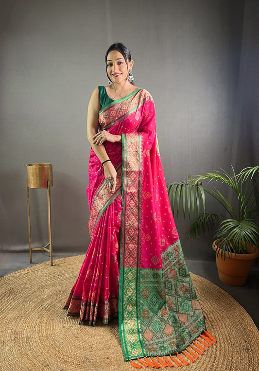 Pink Color Soft Rangeen Patola Silk Saree with All-Over Meenakari Weaving | Rich Pallu with Tassels | Unstitched Blouse Piece Included.