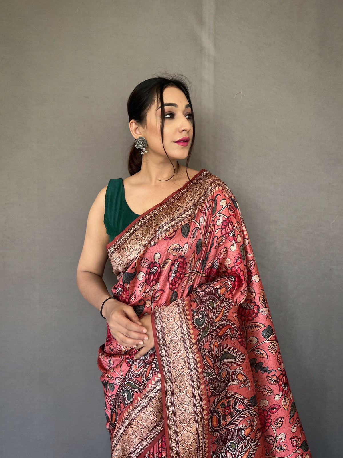 Soft Pink Silk Sari with Innovative Kalamkari Fusion Print Design