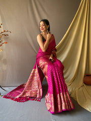 Beautiful Pink Soft Silk Saree with Silver & Gold Zari Checks, Gold Zari Woven Broad Border, Elegant Pallu | Unstitched Blouse Piece.