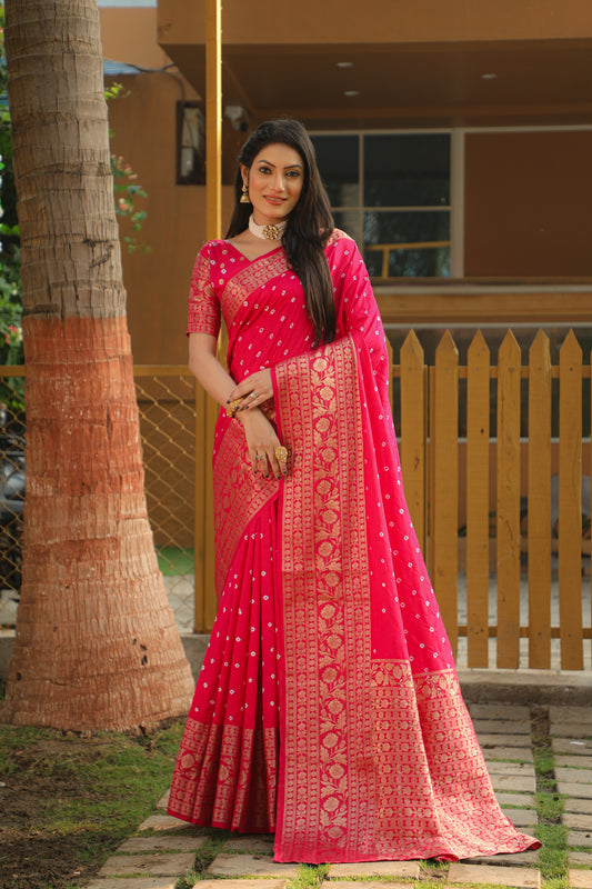 Pink Color Handmade Bandhej Kanjivaram Silk Saree