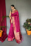 Pink Pure Soft Silk Saree with Copper & Golden Zari Woven Border, Rich Pallu with Beautiful Motifs & Elegant Color Combination | Three Zari Used, Unstitched Blouse Included.