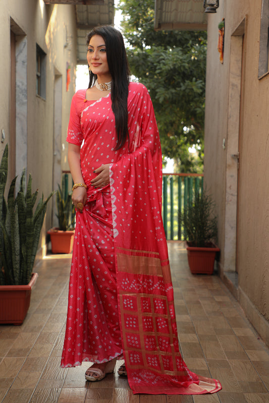 Pink Bandhej Silk Saree with Checks Pattern Pallu