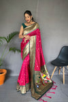 Pure Pink Paithani Silk Saree with Rich Woven Pallu, Tassels, and Unique Motif Pattern – Includes Unstitched Blouse Piece.