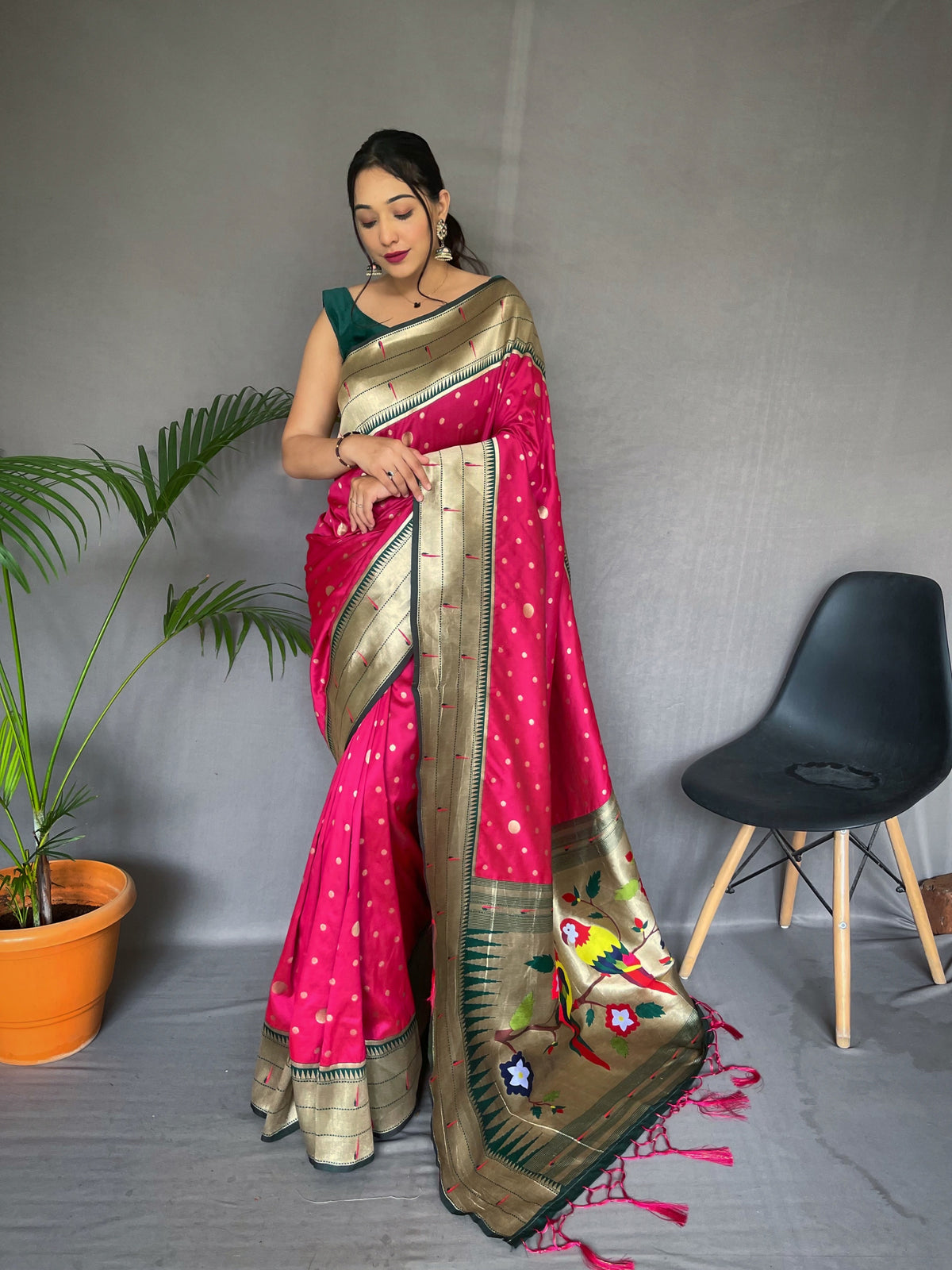 Pure Pink Paithani Silk Saree with Rich Woven Pallu, Tassels, and Unique Motif Pattern – Includes Unstitched Blouse Piece.