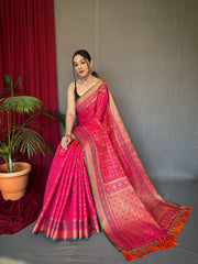 Pink Color Pure Patola Silk Saree with Patola Fusion Design, Contrast Meenakari Work, Rich Pallu with Tassels – Includes Unstitched Blouse Piece.