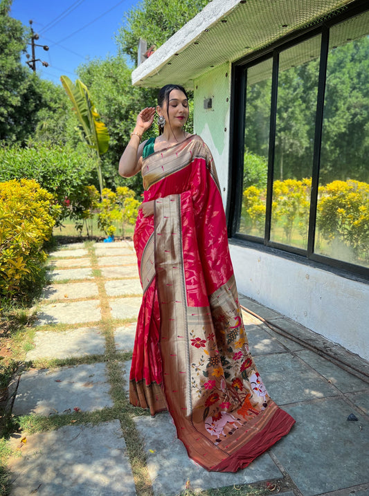 Pink Color Pure Soft Paithani Silk Saree with Gold and Silver Zari