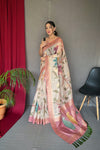 Pink Color Digital Print Silk Saree with Floral Katha Stitch, Golden Zari Rich Pallu, Golden Motifs & Unique Color Combination | Unstitched Blouse Piece.