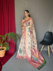 Pink Color Digital Print Silk Saree with Floral Katha Stitch, Golden Zari Rich Pallu, Golden Motifs & Unique Color Combination | Unstitched Blouse Piece.