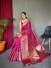 Exquisite Pink Handloom Saree with Superb Antique Weaving: Heavy Gold Jacquard Border, Small Motifs, and Meena Work with Unstitched Blouse Piece.