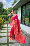 Pink Pure Paithani Silk Saree with Traditional Paithani Border and Unique Motif Patterns - Contrast Richly Woven Pallu and Meenakari Motif Blouse.