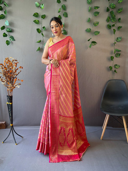 Pink Pure Organza Saree with Jacquard Border and Rich Pallu Featuring Luxurious Tassels.