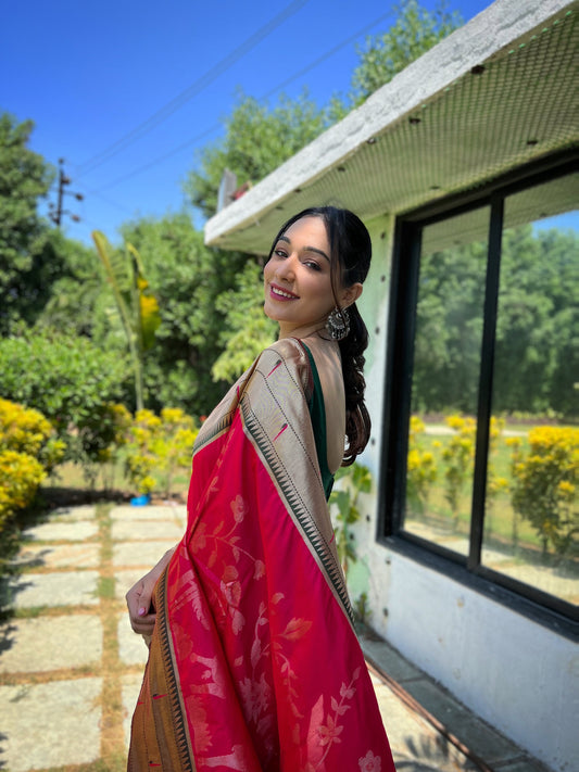 Pink Color Pure Soft Paithani Silk Saree with Gold and Silver Zari