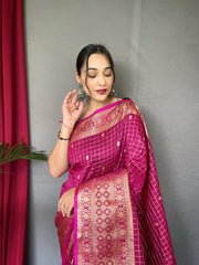 Exquisite Pink Handloom Saree with Superb Antique Weaving: Heavy Gold Jacquard Border, Small Motifs, and Meena Work with Unstitched Blouse Piece.