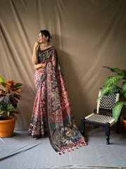 Pink Kalamkari Print Saree For Women