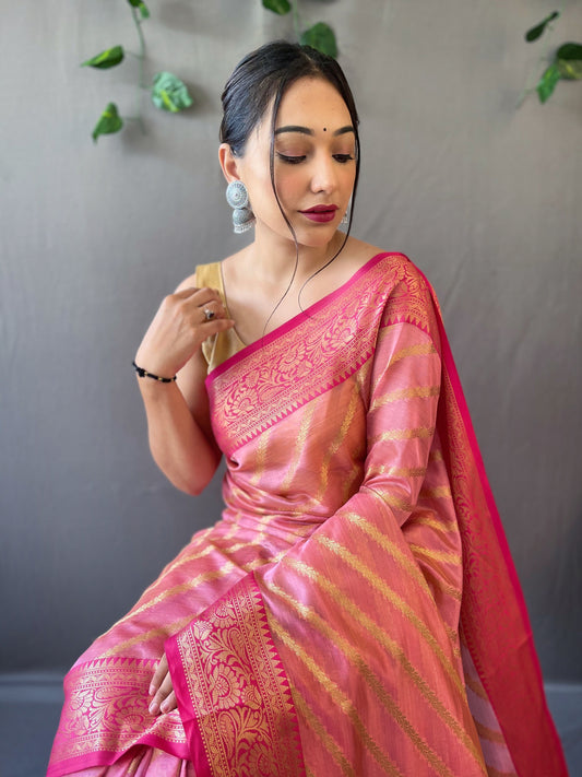 Pink Pure Organza Saree with Jacquard Border and Rich Pallu Featuring Luxurious Tassels.