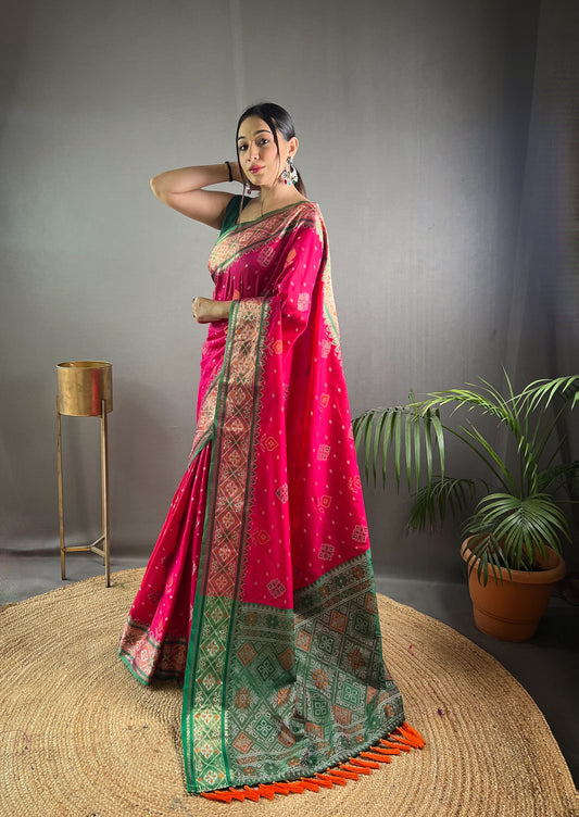 Pink Color Soft Rangeen Patola Silk Saree with All-Over Meenakari Weaving | Rich Pallu with Tassels | Unstitched Blouse Piece Included.