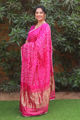 Premium Pink Pure Bandhej Silk Saree with Lagdi Patta Zari Weaving & Rich Pallu | Includes Bandhej Design Blouse.