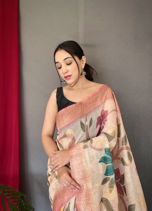 Pink Color Digital Print Silk Saree with Floral Katha Stitch, Golden Zari Rich Pallu, Golden Motifs & Unique Color Combination | Unstitched Blouse Piece.