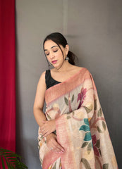 Pink Color Digital Print Silk Saree with Floral Katha Stitch, Golden Zari Rich Pallu, Golden Motifs & Unique Color Combination | Unstitched Blouse Piece.