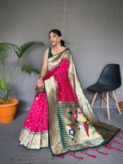 Pure Pink Paithani Silk Saree with Rich Woven Pallu, Tassels, and Unique Motif Pattern – Includes Unstitched Blouse Piece.