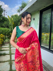 Pink Pure Paithani Silk Saree with Traditional Paithani Border and Unique Motif Patterns - Contrast Richly Woven Pallu and Meenakari Motif Blouse.