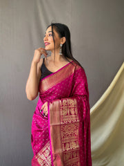 Beautiful Pink Soft Silk Saree with Silver & Gold Zari Checks, Gold Zari Woven Broad Border, Elegant Pallu | Unstitched Blouse Piece.