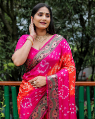 Luxurious Pink Dual Colour Bandhej Silk Saree with Zari Weaving and Broad Border – Soft, Lightweight, and Stylish.