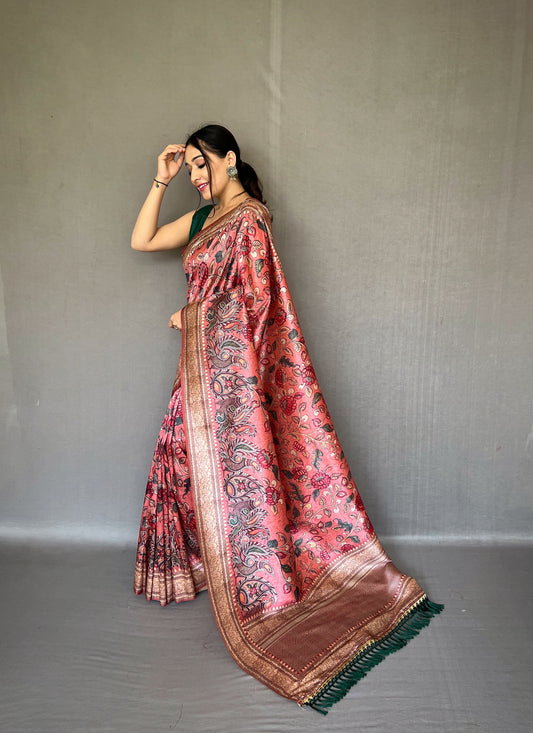 Luxurious Soft Pink Silk Sari with Innovative Kalamkari Fusion Print Design