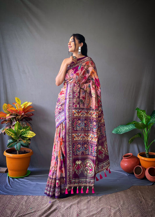 Pink Cotton Sarees with Kalamkari Digital Print