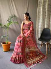 Pink Designer Malai Cotton Saree with Kalamkari Prints