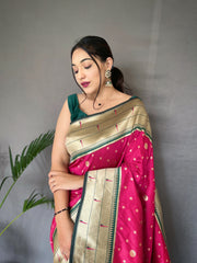 Pure Pink Paithani Silk Saree with Rich Woven Pallu, Tassels, and Unique Motif Pattern – Includes Unstitched Blouse Piece.