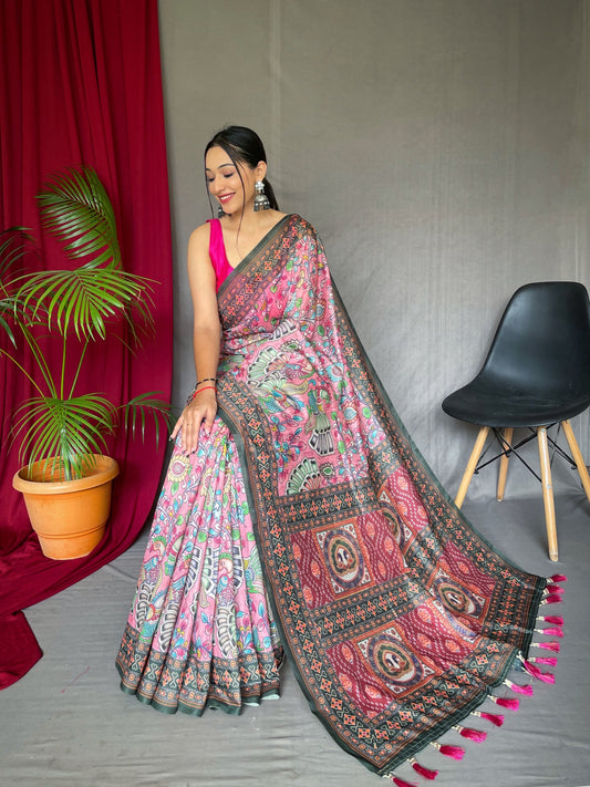 Pink Kalamkari Print Pure Malai Cotton Saree