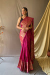 Beautiful Pink Soft Silk Saree with Silver & Gold Zari Checks, Gold Zari Woven Broad Border, Elegant Pallu | Unstitched Blouse Piece.