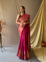 Beautiful Pink Soft Silk Saree with Silver & Gold Zari Checks, Gold Zari Woven Broad Border, Elegant Pallu | Unstitched Blouse Piece.