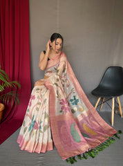 Pink Color Digital Print Silk Saree with Floral Katha Stitch, Golden Zari Rich Pallu, Golden Motifs & Unique Color Combination | Unstitched Blouse Piece.