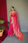 Pink Color Pure Patola Silk Saree with Patola Fusion Design, Contrast Meenakari Work, Rich Pallu with Tassels – Includes Unstitched Blouse Piece.