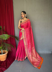 Pink Color Pure Patola Silk Saree with Patola Fusion Design, Contrast Meenakari Work, Rich Pallu with Tassels – Includes Unstitched Blouse Piece.