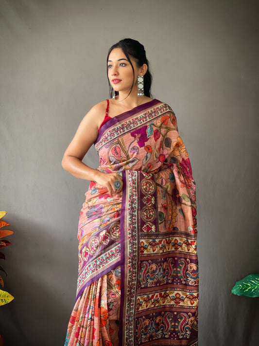 Pink Cotton Sarees with Kalamkari Digital Print