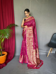 Exquisite Pink Handloom Saree with Superb Antique Weaving: Heavy Gold Jacquard Border, Small Motifs, and Meena Work with Unstitched Blouse Piece.