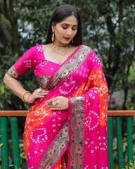 Luxurious Pink Dual Colour Bandhej Silk Saree with Zari Weaving and Broad Border – Soft, Lightweight, and Stylish.