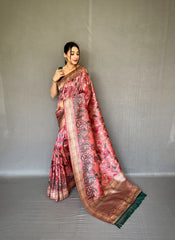 Soft Pink Silk Sari with Innovative Kalamkari Fusion Print Design