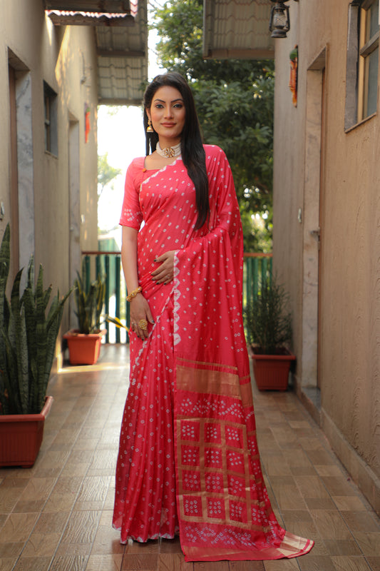 Pink Bandhej Silk Saree with Checks Pattern Pallu