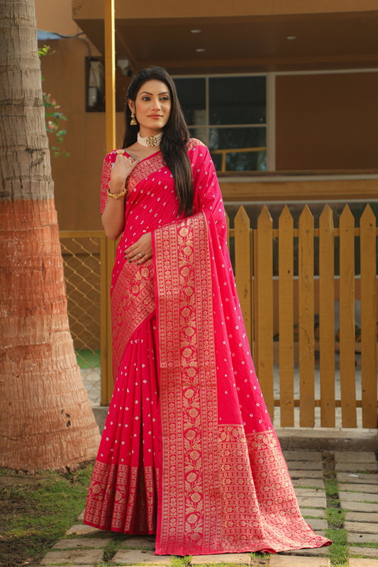 Pink Color Handmade Bandhej Kanjivaram Silk Saree