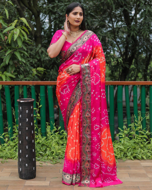 Pink Dual Color Bandhej Silk Saree