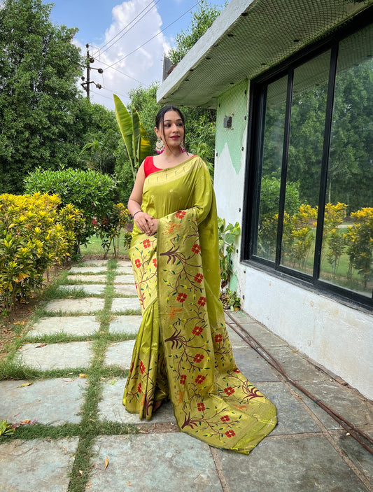 Pista Pure Paithani Silk Saree with Meenakari Motif Blouse