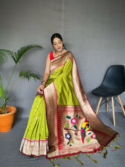 Pista Color Pure Paithani Silk Saree with Rich Woven Pallu, Tassels, and Unique Motif Pattern – Includes Unstitched Blouse Piece.