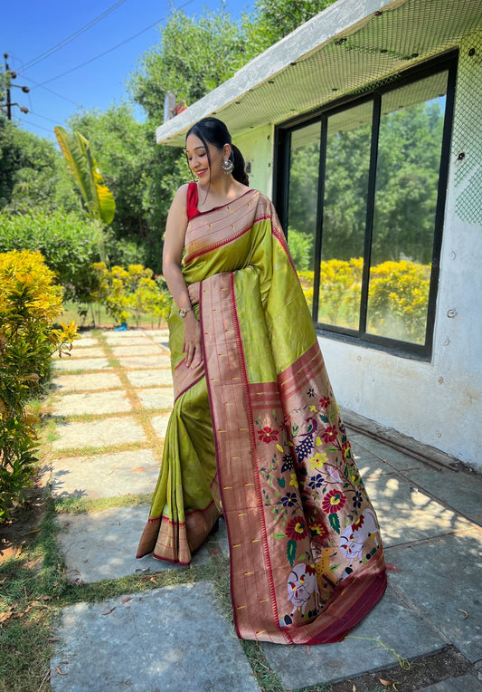 Pista Pure Soft Paithani Silk Saree With Gold and Silver Zari