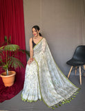Pista Pure Malai Cotton Saree with Katha Prints For Women