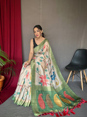 Pista Color Digital Print Silk Saree with Floral Katha Stitch, Golden Zari Rich Pallu, Golden Motifs & Unique Color Combination | Unstitched Blouse Piece.