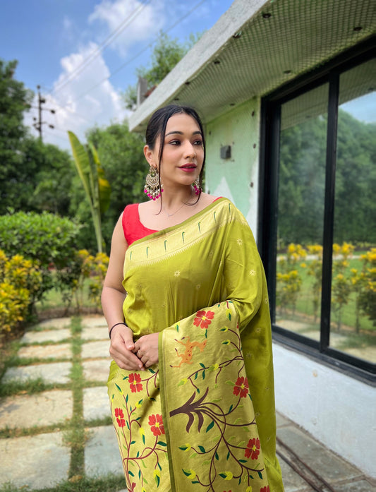 Pista Pure Paithani Silk Saree with Meenakari Motif Blouse